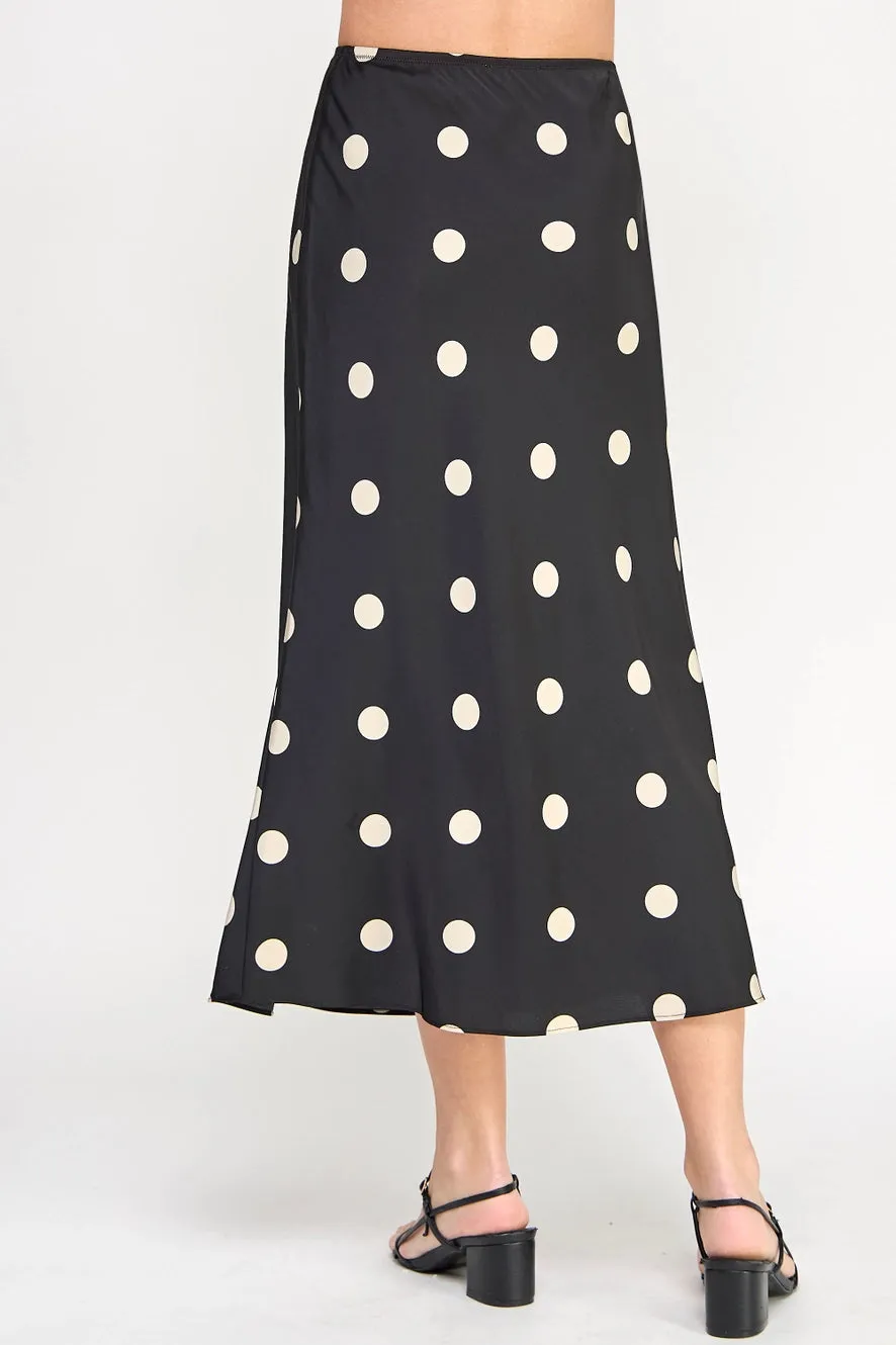 Black Polka Dot Satin Midi Skirt