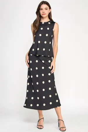 Black Polka Dot Satin Midi Skirt