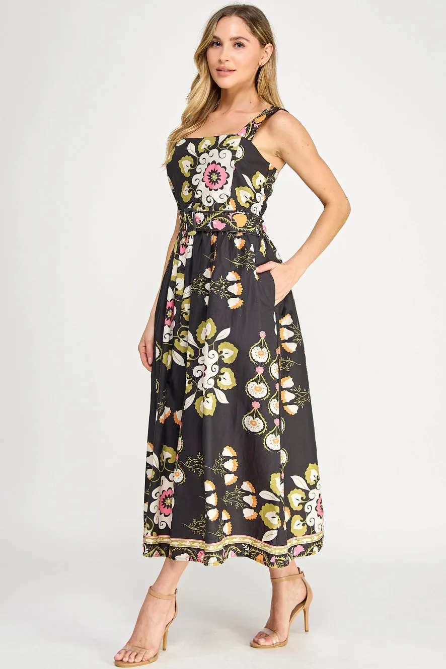 Bryn Floral Belted Black Dress