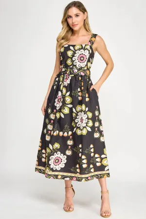 Bryn Floral Belted Black Dress