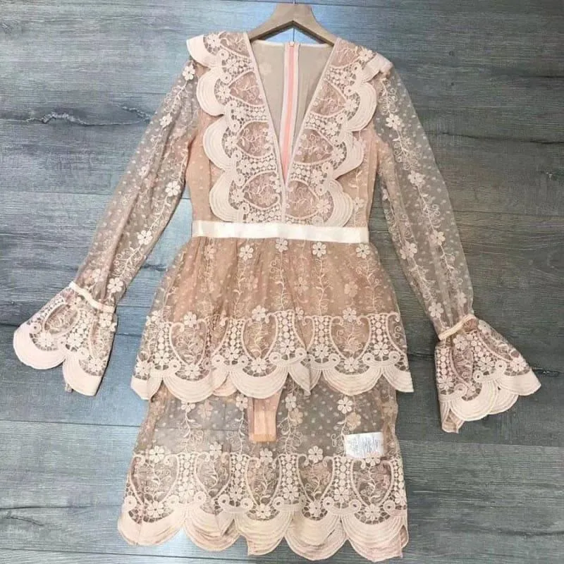 Deep V-neck Mini-dress Pink Luxury Lace Ruffled Mini Dress