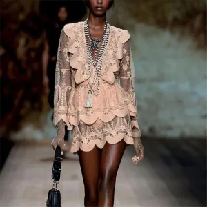 Deep V-neck Mini-dress Pink Luxury Lace Ruffled Mini Dress