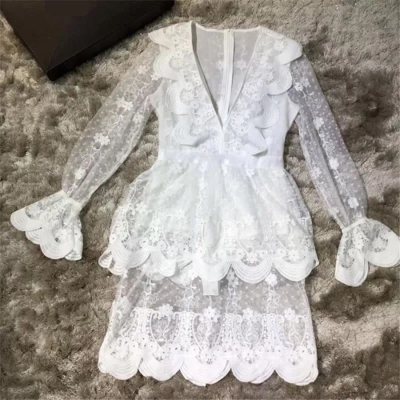 Deep V-neck Mini-dress Pink Luxury Lace Ruffled Mini Dress