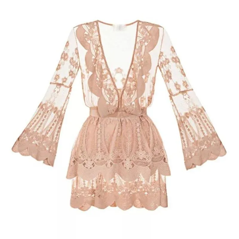 Deep V-neck Mini-dress Pink Luxury Lace Ruffled Mini Dress