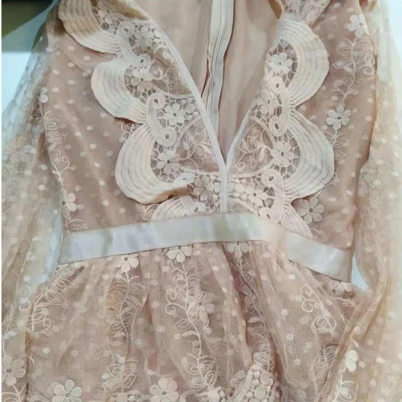 Deep V-neck Mini-dress Pink Luxury Lace Ruffled Mini Dress