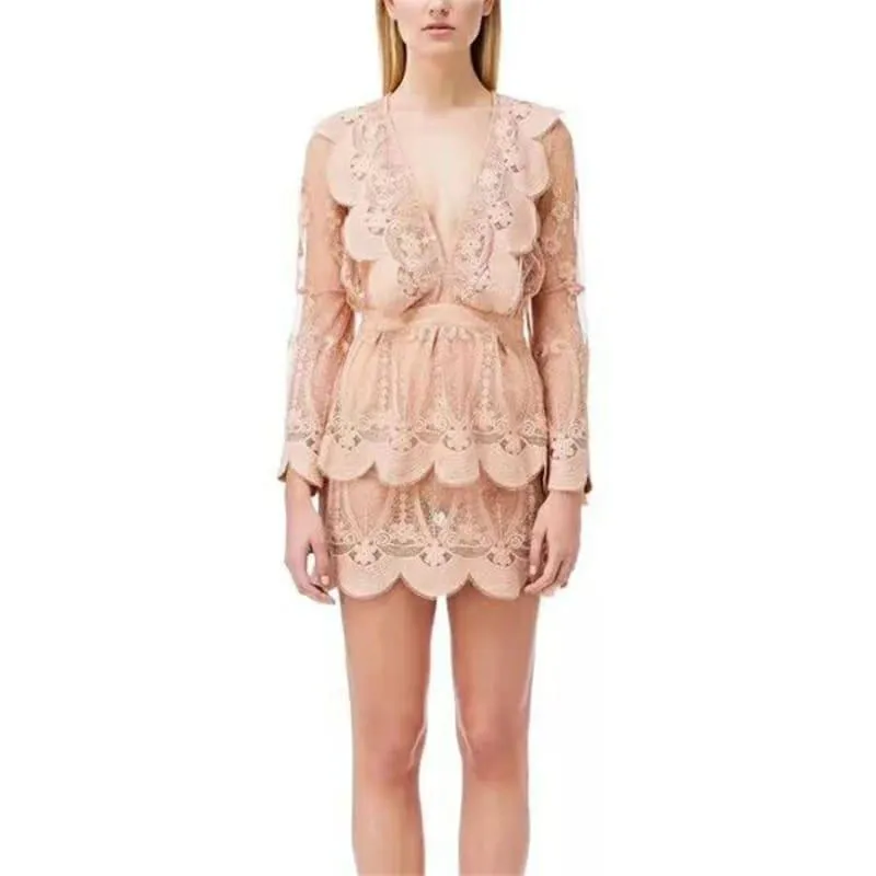 Deep V-neck Mini-dress Pink Luxury Lace Ruffled Mini Dress