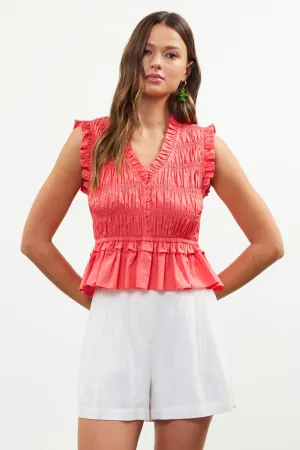 Poplin Smocking Peplum Top - Coral