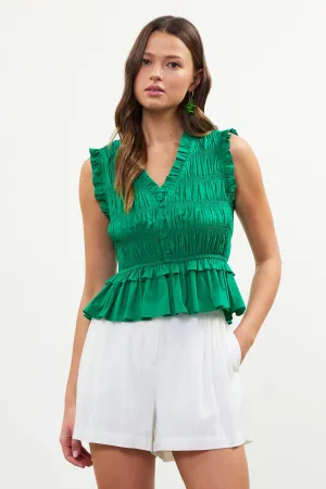 Poplin Smocking Peplum Top - Green