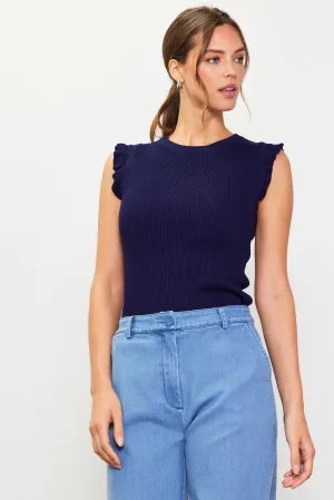Ruffle Sleeve Knit Top - Navy