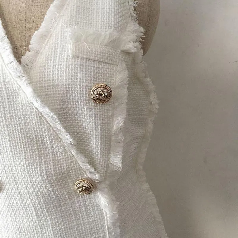 White  Sleeveless Lion Buttons Fringe Tassel Tweed Tank Dress