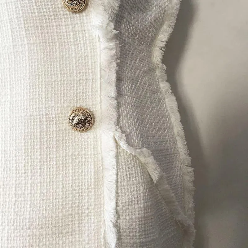 White  Sleeveless Lion Buttons Fringe Tassel Tweed Tank Dress