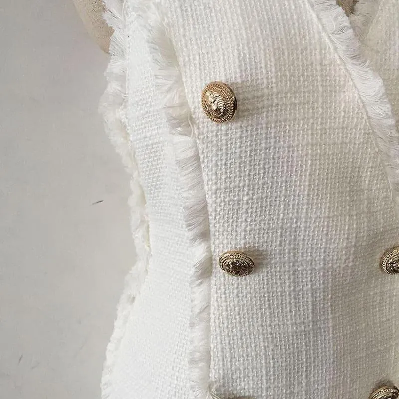 White  Sleeveless Lion Buttons Fringe Tassel Tweed Tank Dress