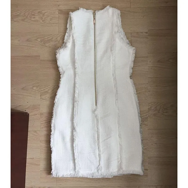 White  Sleeveless Lion Buttons Fringe Tassel Tweed Tank Dress